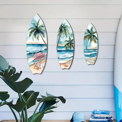 Set of 3 Handcrafted Wooden Surfboard Wall Decor - Coastal Beach Themed Hanging Plaques for Summer Home & Patio Design