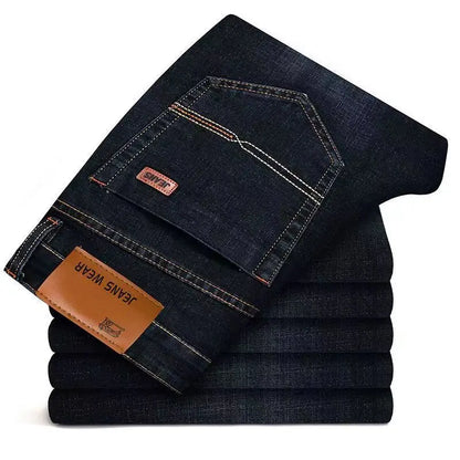 Men's jeans, casual straight leg, elastic, fashionable, classic, blue and black work denim pants, men's brand clothing