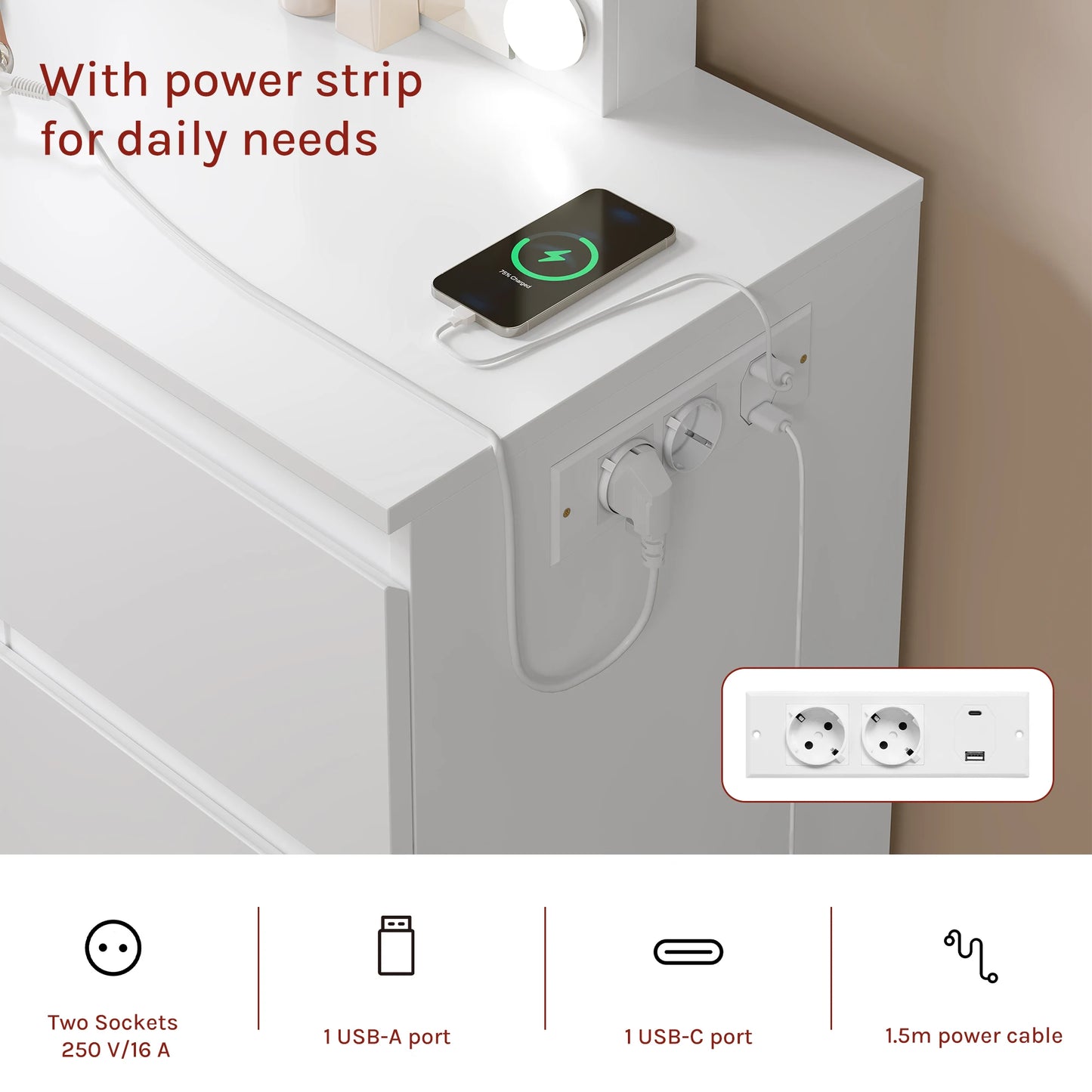 WOLTU Vanity Makeup Desk with LED Lights and Charge Socket Dressing Table with Large Mirror Modern 7 Drawers Bedroom Dresser