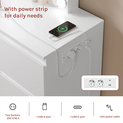 WOLTU Vanity Makeup Desk with LED Lights and Charge Socket Dressing Table with Large Mirror Modern 7 Drawers Bedroom Dresser