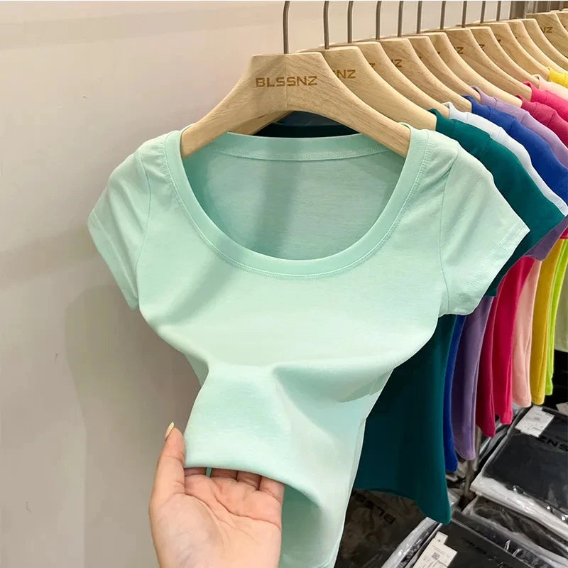 Women's Clothing U-neck T-Shirts Tops Tees pure cotton shoulder sleeved summer solid color slimming short low neck bottom shirt