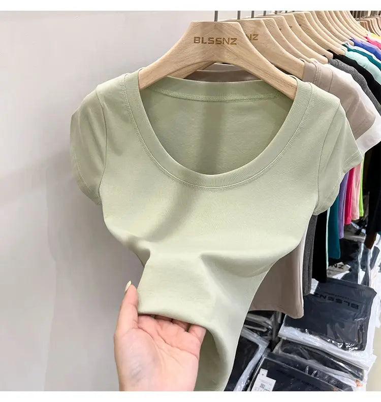 Women's Clothing U-neck T-Shirts Tops Tees pure cotton shoulder sleeved summer solid color slimming short low neck bottom shirt