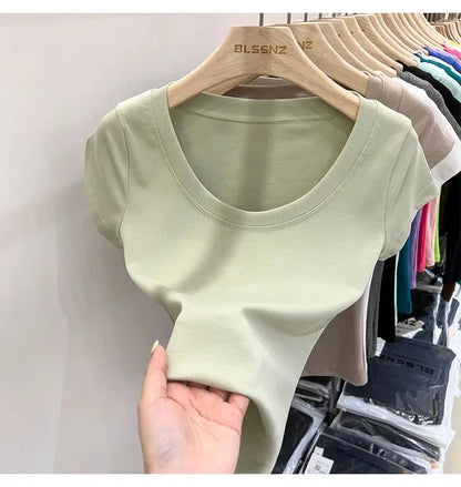 Women's Clothing U-neck T-Shirts Tops Tees pure cotton shoulder sleeved summer solid color slimming short low neck bottom shirt