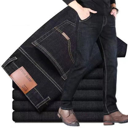 Men's jeans, casual straight leg, elastic, fashionable, classic, blue and black work denim pants, men's brand clothing