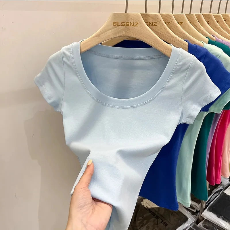Women's Clothing U-neck T-Shirts Tops Tees pure cotton shoulder sleeved summer solid color slimming short low neck bottom shirt