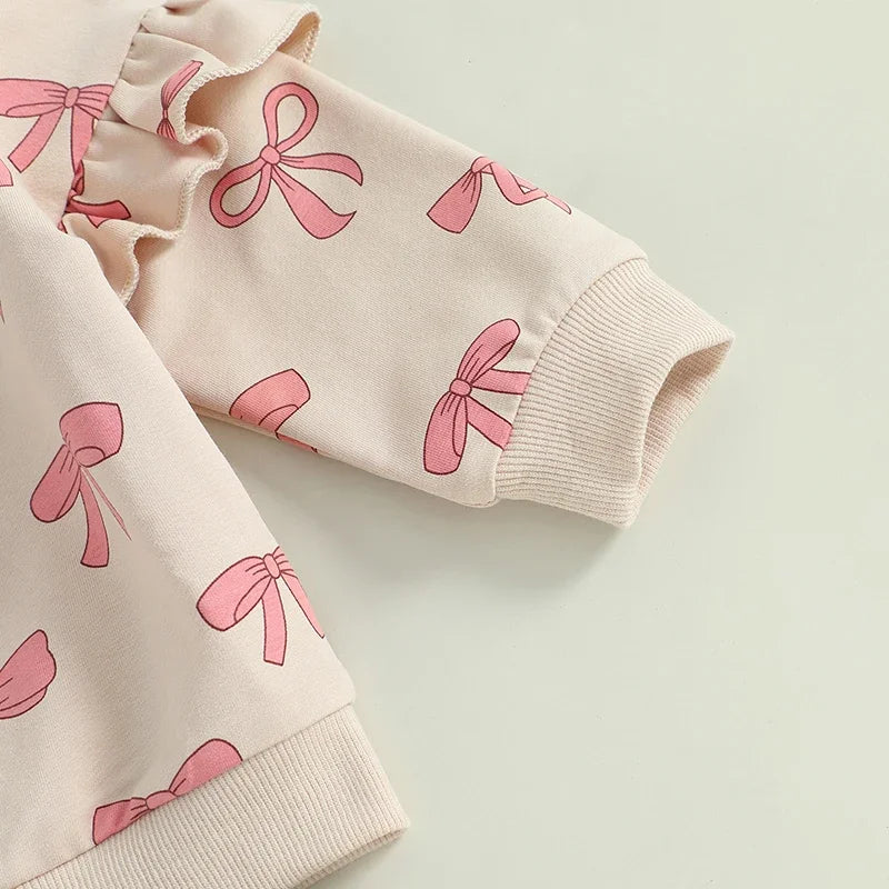 Toddler Baby Girl Clothes Long Sleeve Bow Print Ruffle Sweatshirt Pants Newborn Set Clothes 2PCS Outfits