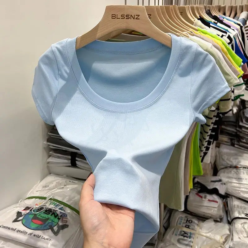 Women's Clothing U-neck T-Shirts Tops Tees pure cotton shoulder sleeved summer solid color slimming short low neck bottom shirt