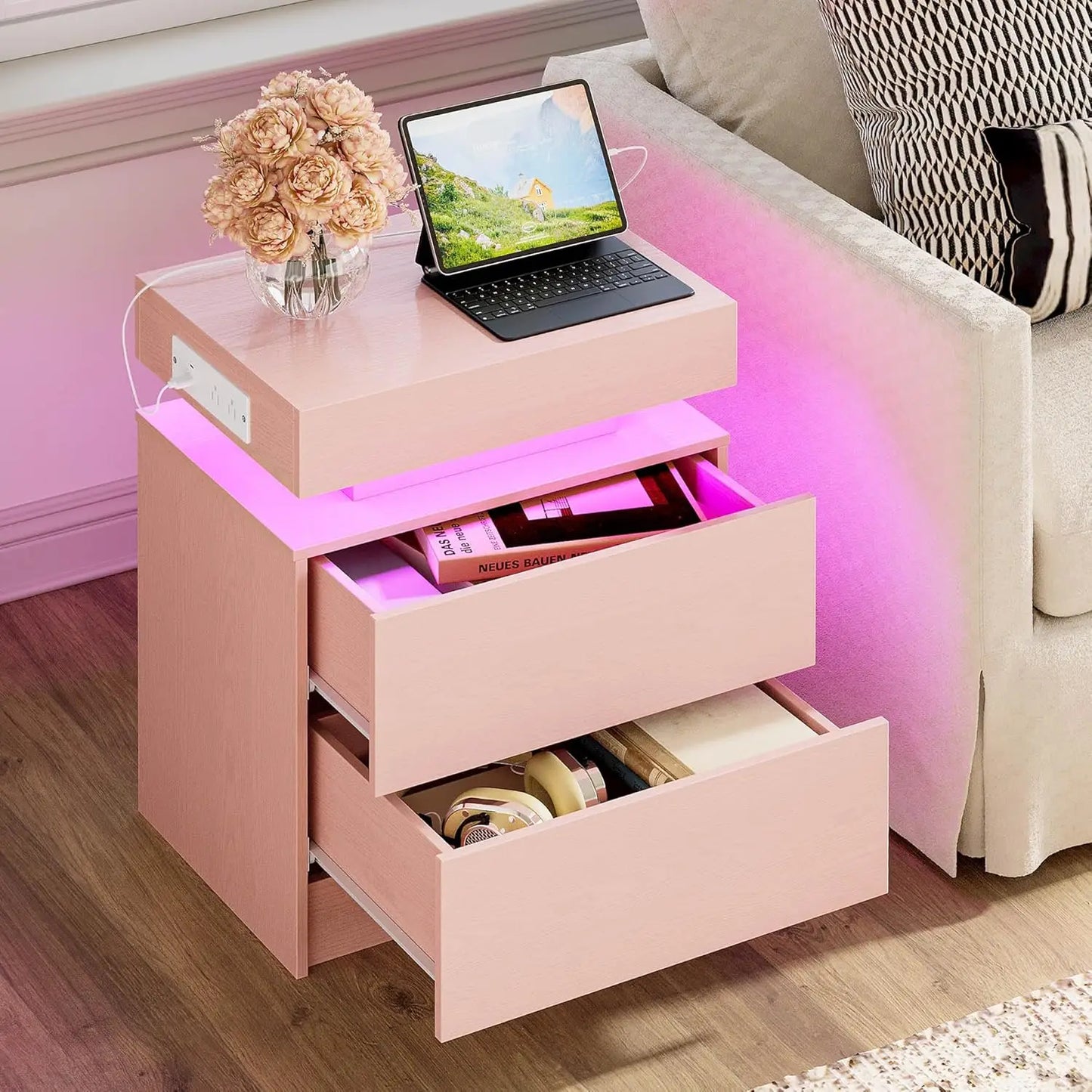 Night Stand with Charging Station, Modern Black Nightstand with LED Light and Drawers, Bedside Tables/End Table for Bedroom