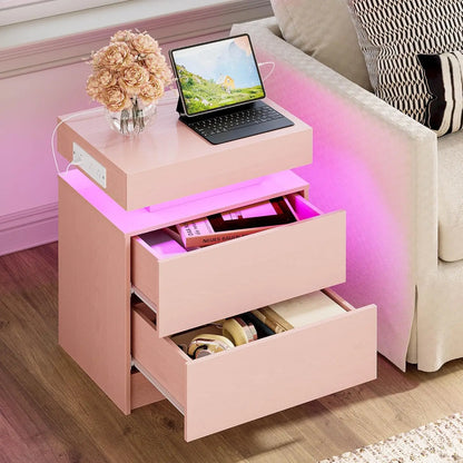 Night Stand with Charging Station, Modern Black Nightstand with LED Light and Drawers, Bedside Tables/End Table for Bedroom