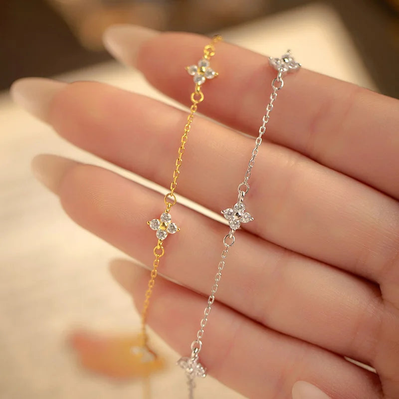 925 Silver Plated Four Leaf Flower 18k Gold Zircon Bracelet For Women Temperament Exquisite Adjustable Link Chain Jewelry Gifts