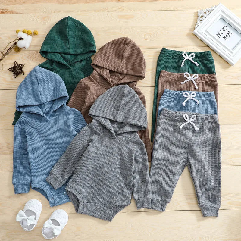 Newborn Baby Boy Pant Sets Autumn Clothes Solid Color Long Sleeves Hooded Bodysuit Tops and Pants Baby Items Clothing for Infant