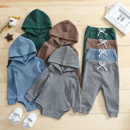 Newborn Baby Boy Pant Sets Autumn Clothes Solid Color Long Sleeves Hooded Bodysuit Tops and Pants Baby Items Clothing for Infant