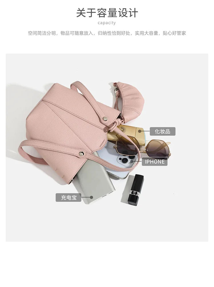 Designer PU Leather Bucket Bag Women Fashion Two-in-One Shoulder Crossbody Top Handle Convertible Purse High Quality