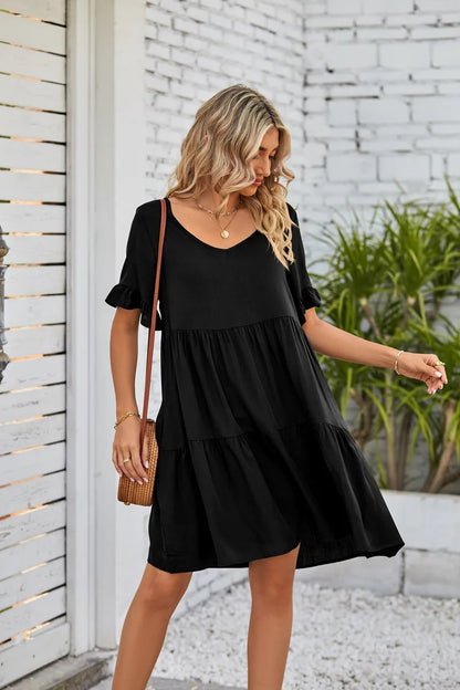 Women Clothes Summer Ruffle V Neck Short Sleeve Solid Cotton Beach Midi Dress Trendy Loose Simple Elegant Party Dresses Vestidos
