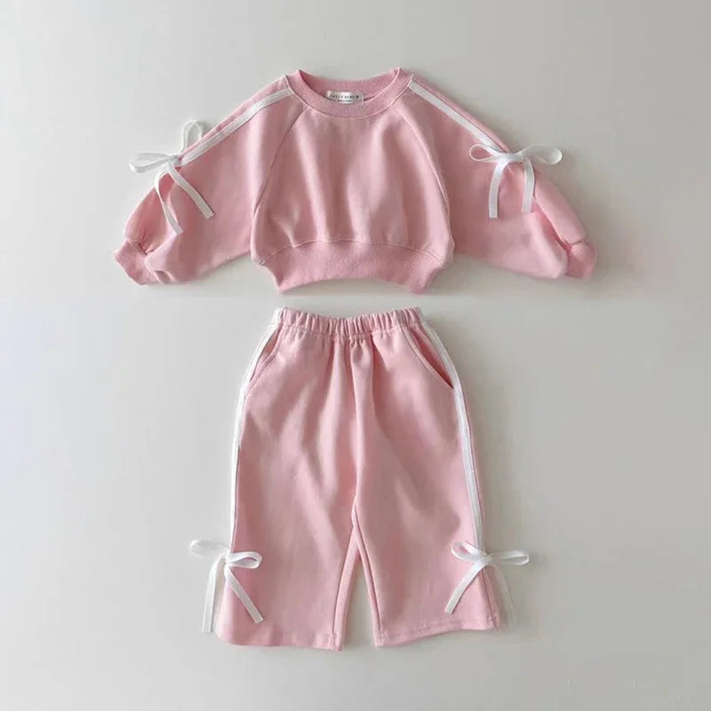 MILANCEL 2024 Autumn Children's Clothing 0-5Y Girls Bow Hoodies and Pants Set Kid's Sports Pullover Suit Sweatshirt 2Pcs