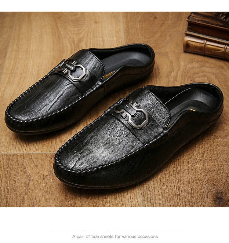 Designer Men Slippers Luxury Leather Casual Shoes for Men Breathable Soft Soled Loafers Fashion British style Men Half Slippers