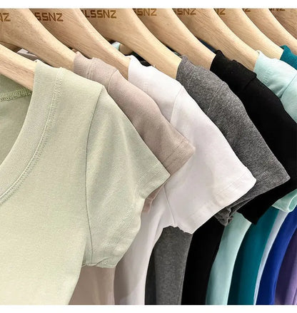 Women's Clothing U-neck T-Shirts Tops Tees pure cotton shoulder sleeved summer solid color slimming short low neck bottom shirt