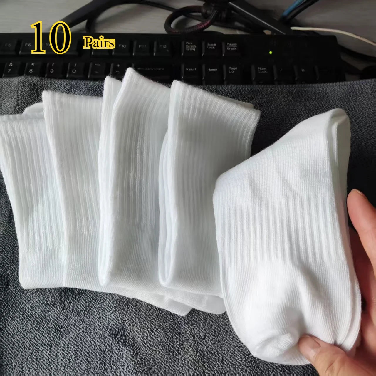 5/10 Pairs of Autumn and Winter Men Mid Length Socks, White Anti Odor, Sweat Absorbing, Breathable Men's Sports Sock