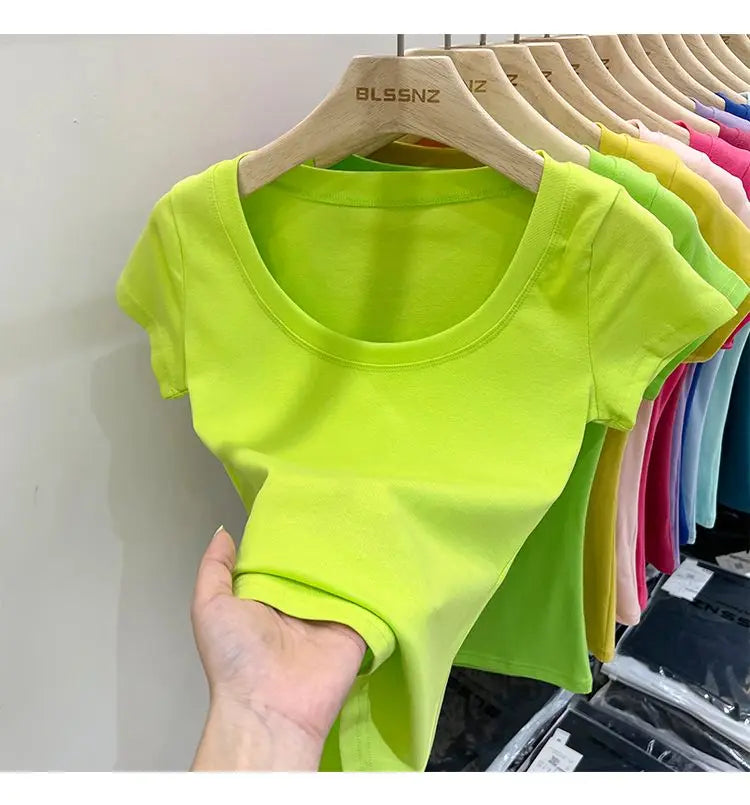 Women's Clothing U-neck T-Shirts Tops Tees pure cotton shoulder sleeved summer solid color slimming short low neck bottom shirt