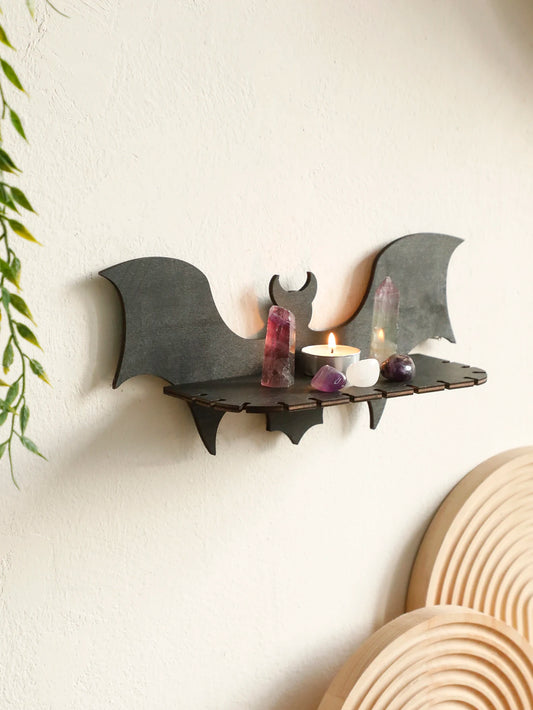Wooden Shelf Gothic Bat Wall Hanging Decor Black Floating Shelves Display Stand Crystal Holder Witch Home Decor Halloween Decor