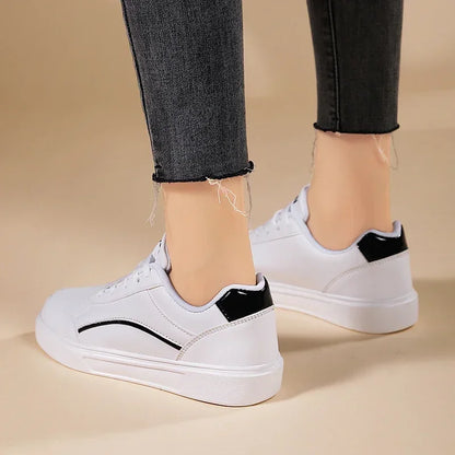 Women Casual Shoes Lace Up White Shoes Board Flat Female White PU Leather Walking Sneakers Thick Sole Outdoor Luxury Fashion
