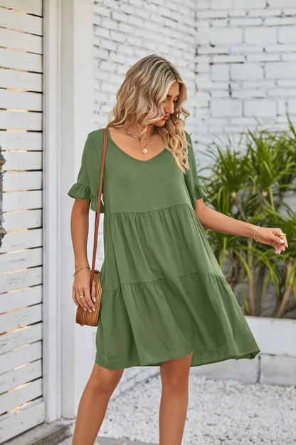 Women Clothes Summer Ruffle V Neck Short Sleeve Solid Cotton Beach Midi Dress Trendy Loose Simple Elegant Party Dresses Vestidos