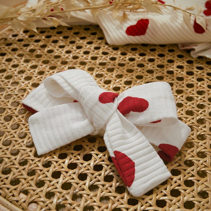 Ruffle Long Sleeve Infant Baby Girls Romper Kids Clothes Cute Heart Print Rib Jumpsuit+Headdress Valentine's Day Kids Playsuit