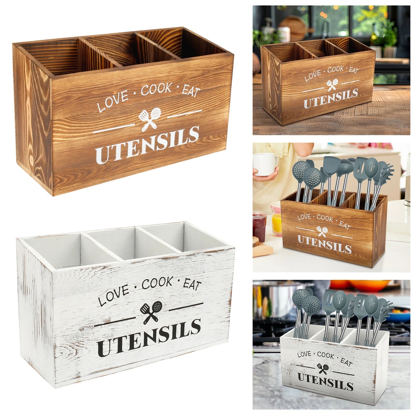 Kitchen Countertop Organizer and Cooking Tools Storage Wooden Kitchen Utensil Holder 3 Compartments Sturdy Silverware Holder