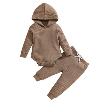 Newborn Baby Boy Pant Sets Autumn Clothes Solid Color Long Sleeves Hooded Bodysuit Tops and Pants Baby Items Clothing for Infant