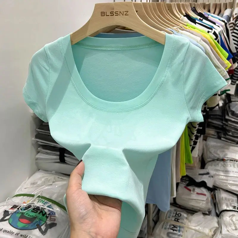Women's Clothing U-neck T-Shirts Tops Tees pure cotton shoulder sleeved summer solid color slimming short low neck bottom shirt