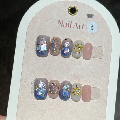 10Pcs Glitter Handmade Press On Nails Short Round Japanese Heart Diamond Full Cover Autumn Decorative Manicure Wearable Nail Tip