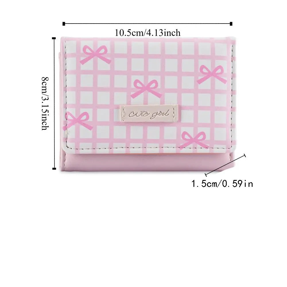 Portable Sweet Cute Tri-Fold Purses Multiple Card Slot Lattice Bow Short Wallet Candy Color PU Leather Women Card Holder Daily