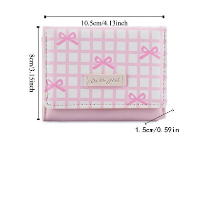 Portable Sweet Cute Tri-Fold Purses Multiple Card Slot Lattice Bow Short Wallet Candy Color PU Leather Women Card Holder Daily