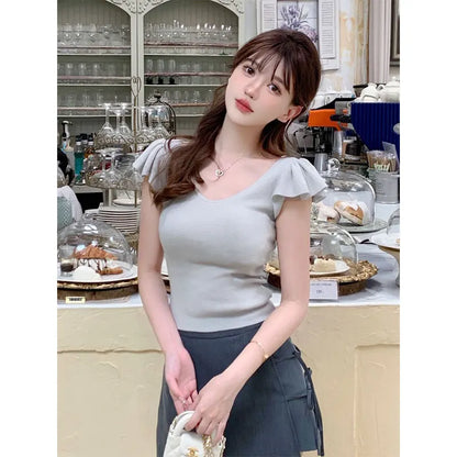 Women Clothes Summer Casual Fashion Simplicity Solid Color V-neck Tops Women's Trend All-match Sweet Temperament Slim T-Shirt