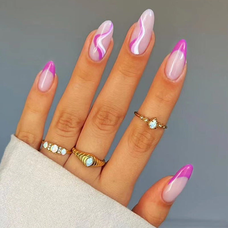24Pcs French False Nails Almond Fake Nails with Glue Press on White Edge Design Wearable Simple Ins Pink Stiletto Nail Tips