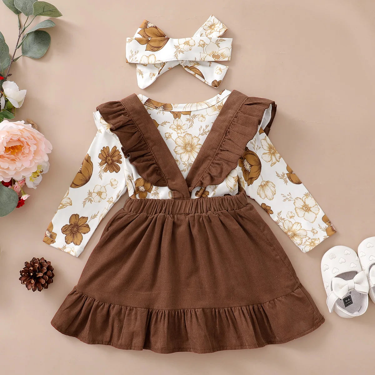 0-12 Months Newborn Baby Girl Clothes Set Flowers Print Long Sleeve Romper Top Suspender Skirt Spring&Autumn Lovely Outfit