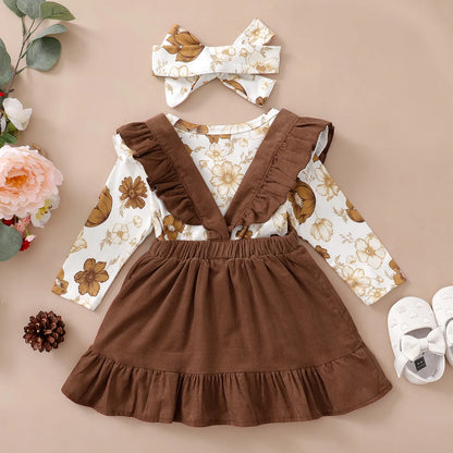 0-12 Months Newborn Baby Girl Clothes Set Flowers Print Long Sleeve Romper Top Suspender Skirt Spring&Autumn Lovely Outfit