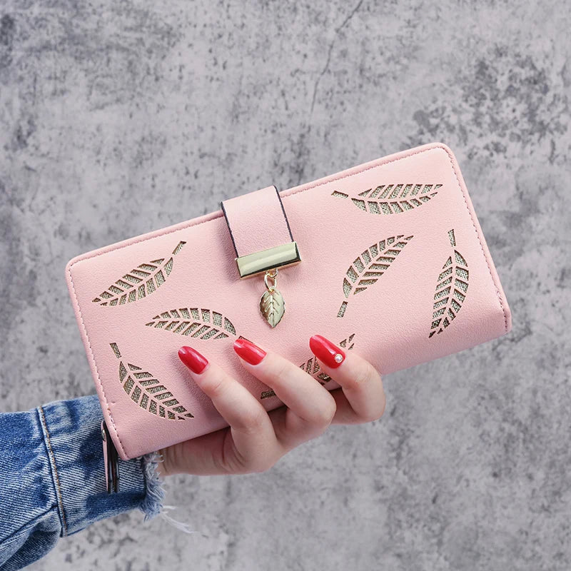 2024 new women's purse sweet lady PU leather horizontal zipper women's medium long hollow leaf purse
