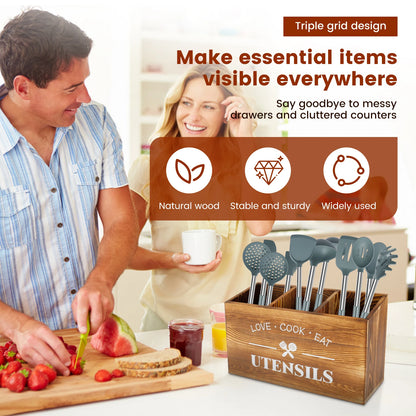 Kitchen Countertop Organizer and Cooking Tools Storage Wooden Kitchen Utensil Holder 3 Compartments Sturdy Silverware Holder