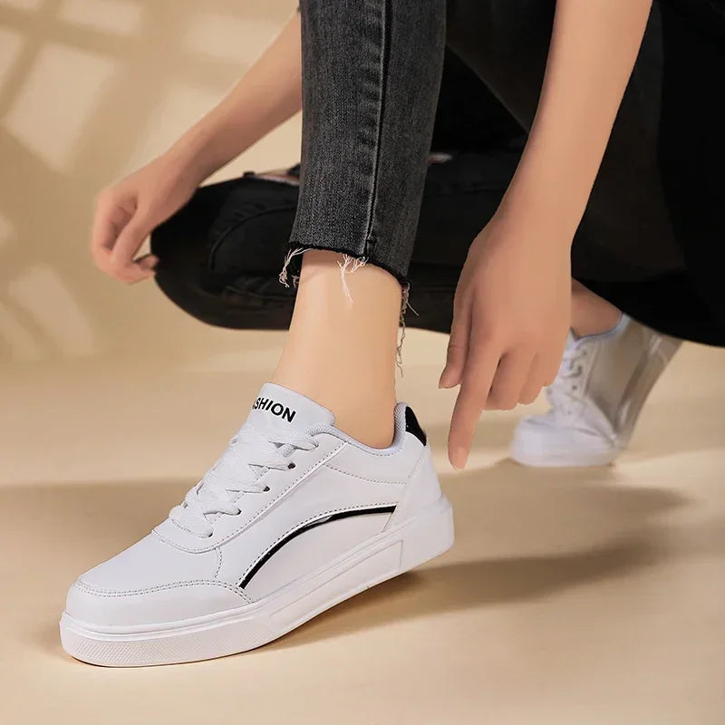 Women Casual Shoes Lace Up White Shoes Board Flat Female White PU Leather Walking Sneakers Thick Sole Outdoor Luxury Fashion