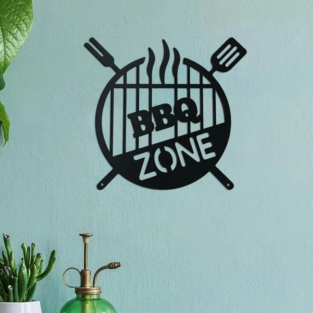 Barbecue Wall Hanging Decor BBQ Zone Retro Signs Grill Outdoor Backyard Kitchen iron Art Decoratio Art,Metal Round Grill Sign