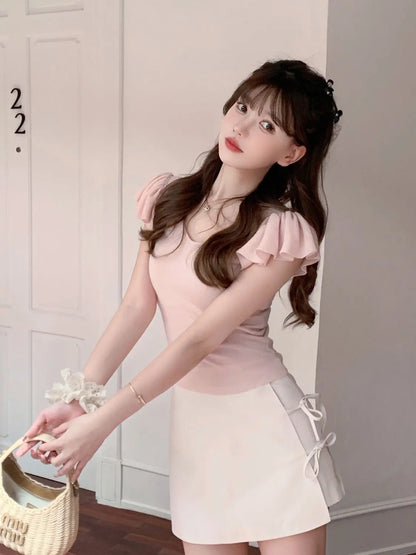 Women Clothes Summer Casual Fashion Simplicity Solid Color V-neck Tops Women's Trend All-match Sweet Temperament Slim T-Shirt