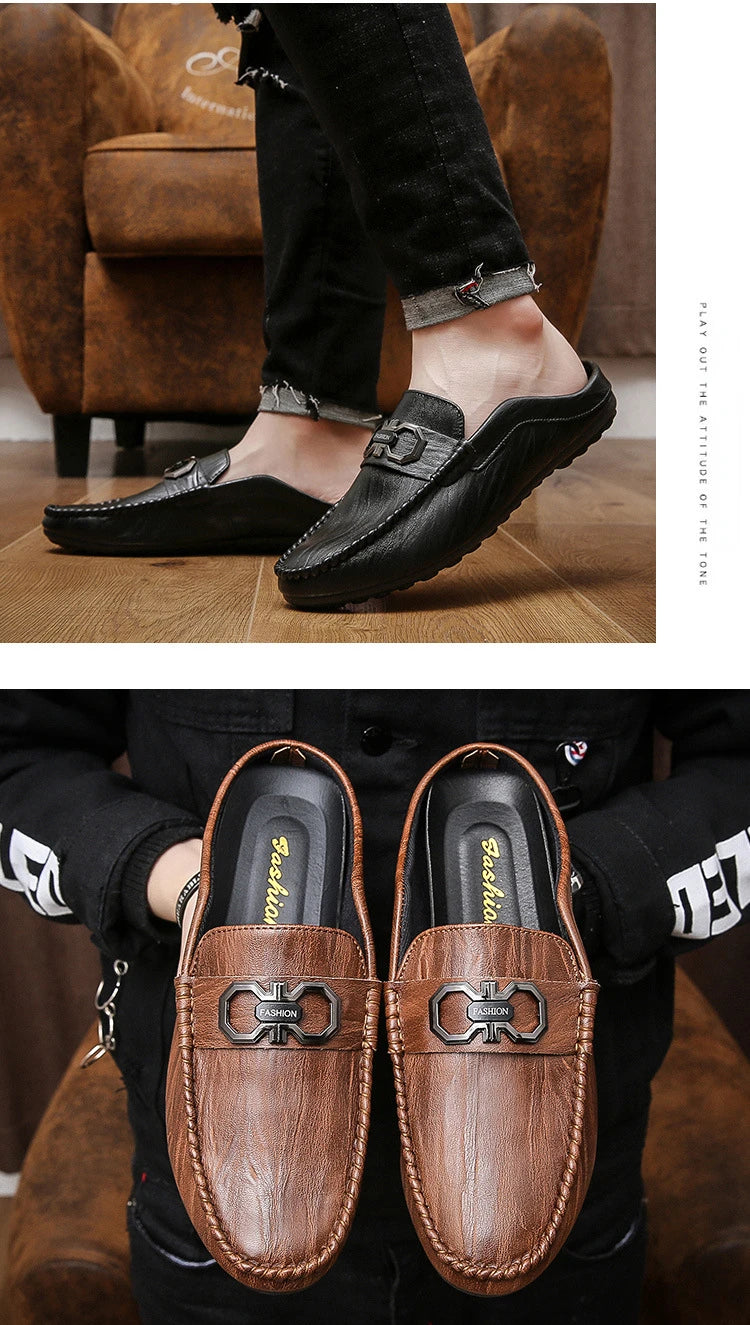 Designer Men Slippers Luxury Leather Casual Shoes for Men Breathable Soft Soled Loafers Fashion British style Men Half Slippers