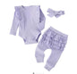 Newborn Baby Girls Clothes Infant Long Sleeve Ruffle Romper Bodysuits+Pants+Bow Headband 3Pcs Suit Children Toddler Outfit A422