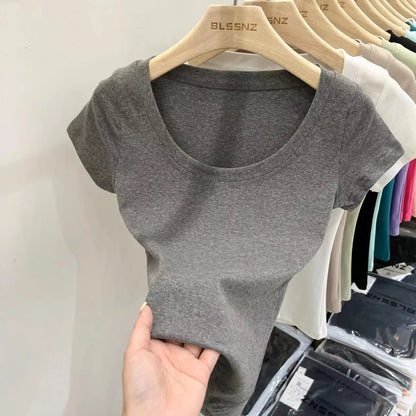 Women's Clothing U-neck T-Shirts Tops Tees pure cotton shoulder sleeved summer solid color slimming short low neck bottom shirt