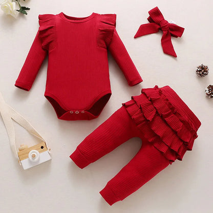 Newborn Baby Girls Clothes Infant Long Sleeve Ruffle Romper Bodysuits+Pants+Bow Headband 3Pcs Suit Children Toddler Outfit A422