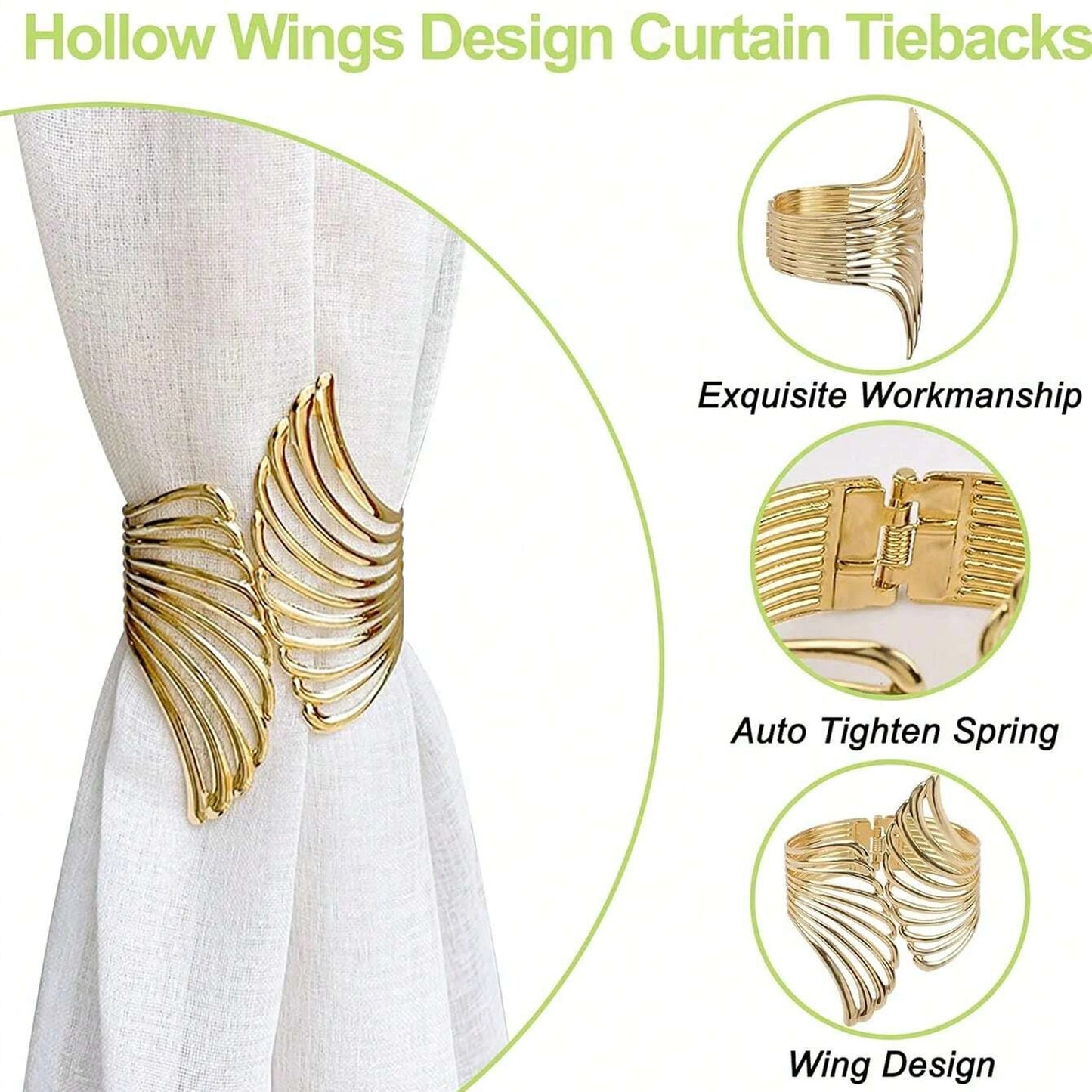 2pcs Modern Luxury Gold/Silver Creative Angel Wings Pattern Spring Curtain Tiebacks,Used For Bedroom, Living Room Curtains