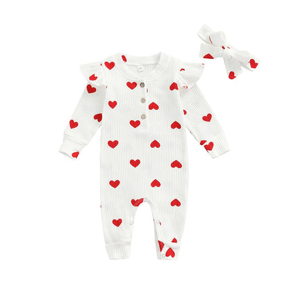 Ruffle Long Sleeve Infant Baby Girls Romper Kids Clothes Cute Heart Print Rib Jumpsuit+Headdress Valentine's Day Kids Playsuit