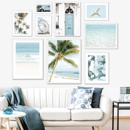 Wall Art Canvas Painting Nordic Palm Tree Sea Beach Flower Bird Seascape Posters and Prints Wall Pictures for Living Room Decor