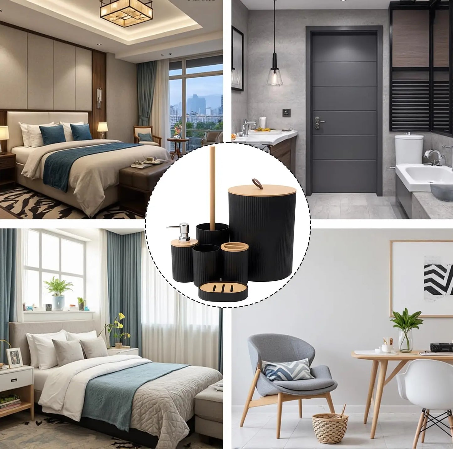 Modern Bathroom Essentials Set/Includes Toothbrush Holder, Waste Bin, Toilet Brush, Cup, Soap Dish and Soap Dispenser